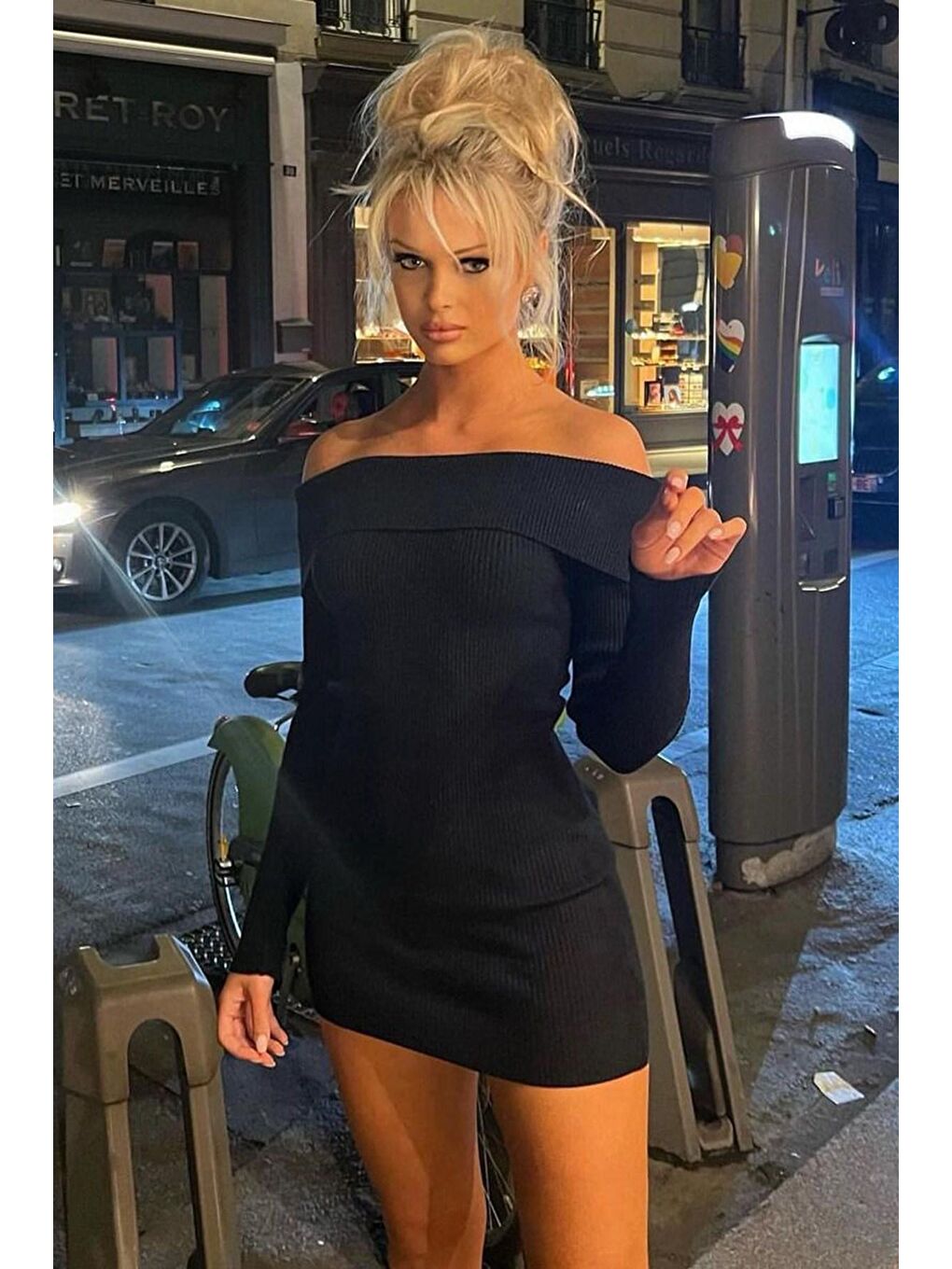 Siyah Madonna Yaka Uzun Kollu Mini Elbise Mg1699-10