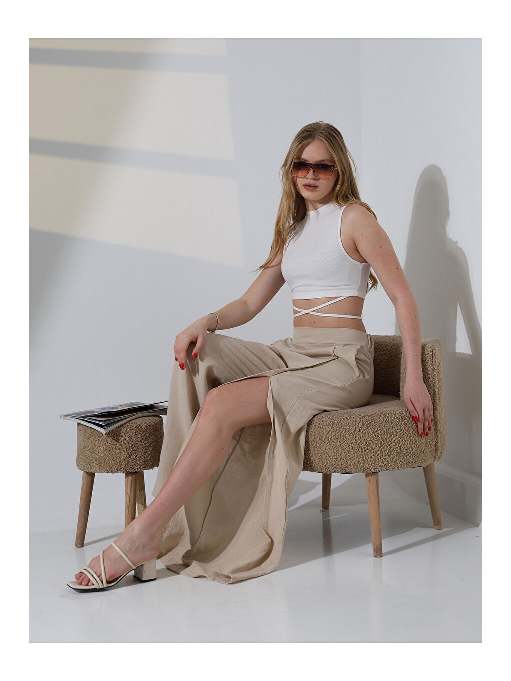 Yırtmaçlı Müslin Pantolon Bej-4