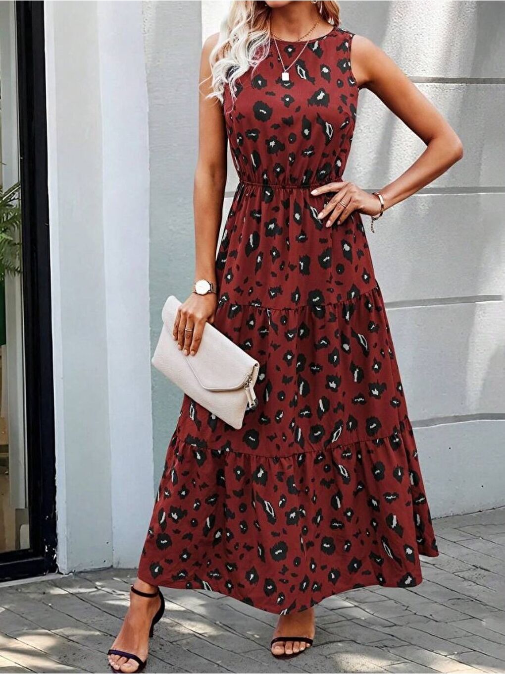 Kırmızı Kadın Kolsuz Bisiklet Yaka Beli Lastikli Desenli Süprem Elbise