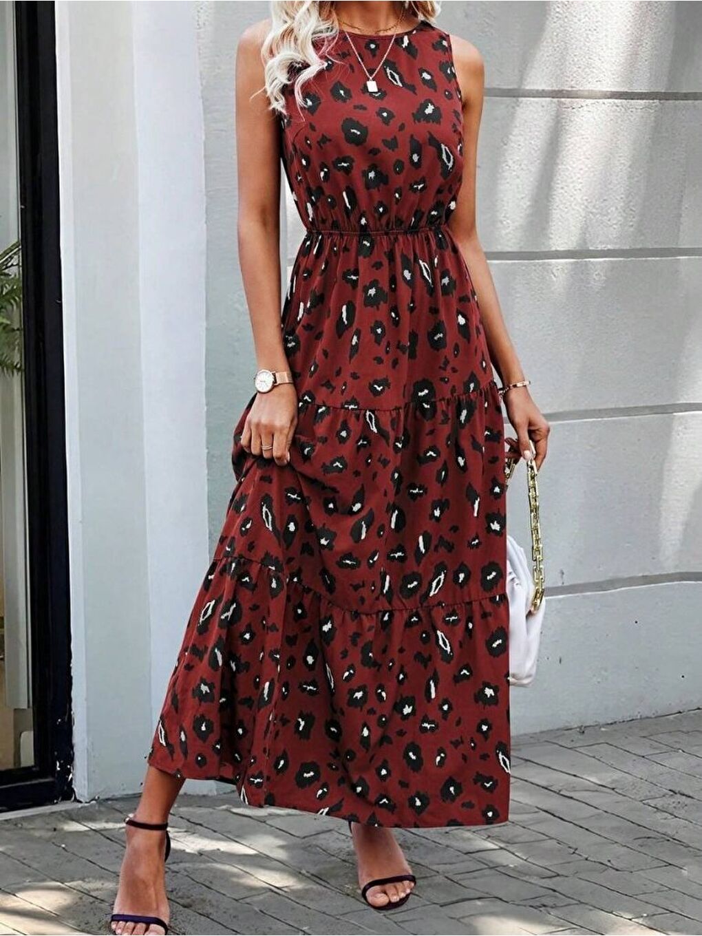 Kırmızı Kadın Kolsuz Bisiklet Yaka Beli Lastikli Desenli Süprem Elbise-1