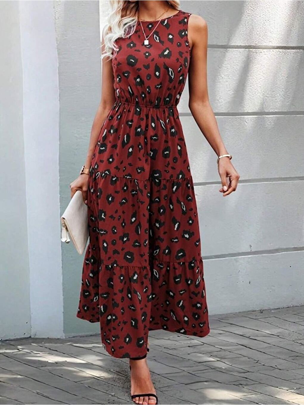 Kırmızı Kadın Kolsuz Bisiklet Yaka Beli Lastikli Desenli Süprem Elbise-2