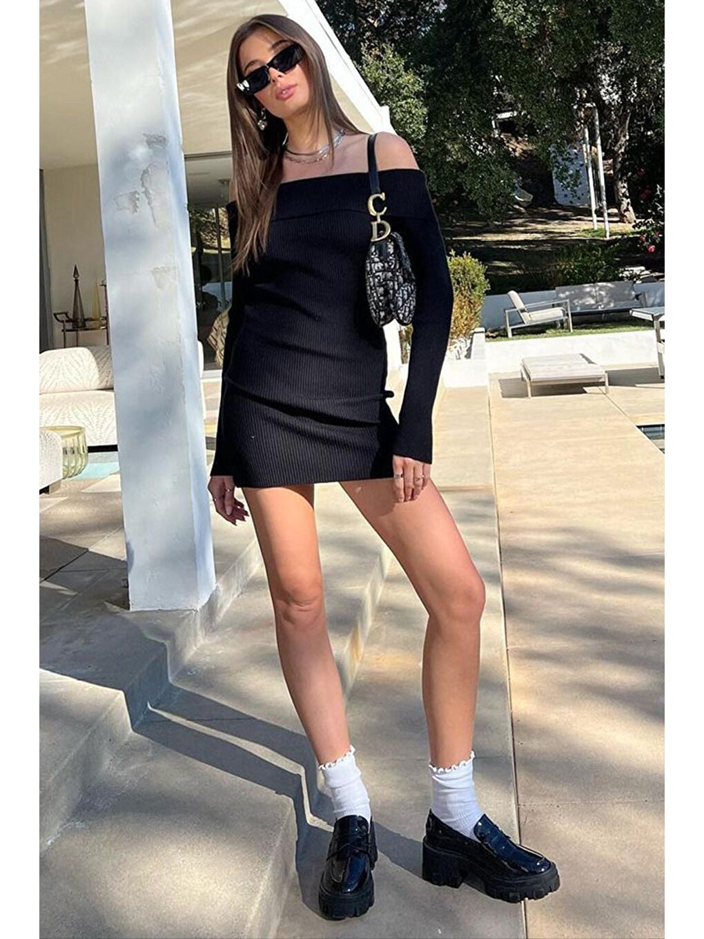 Siyah Madonna Yaka Uzun Kollu Mini Elbise Mg1699-11