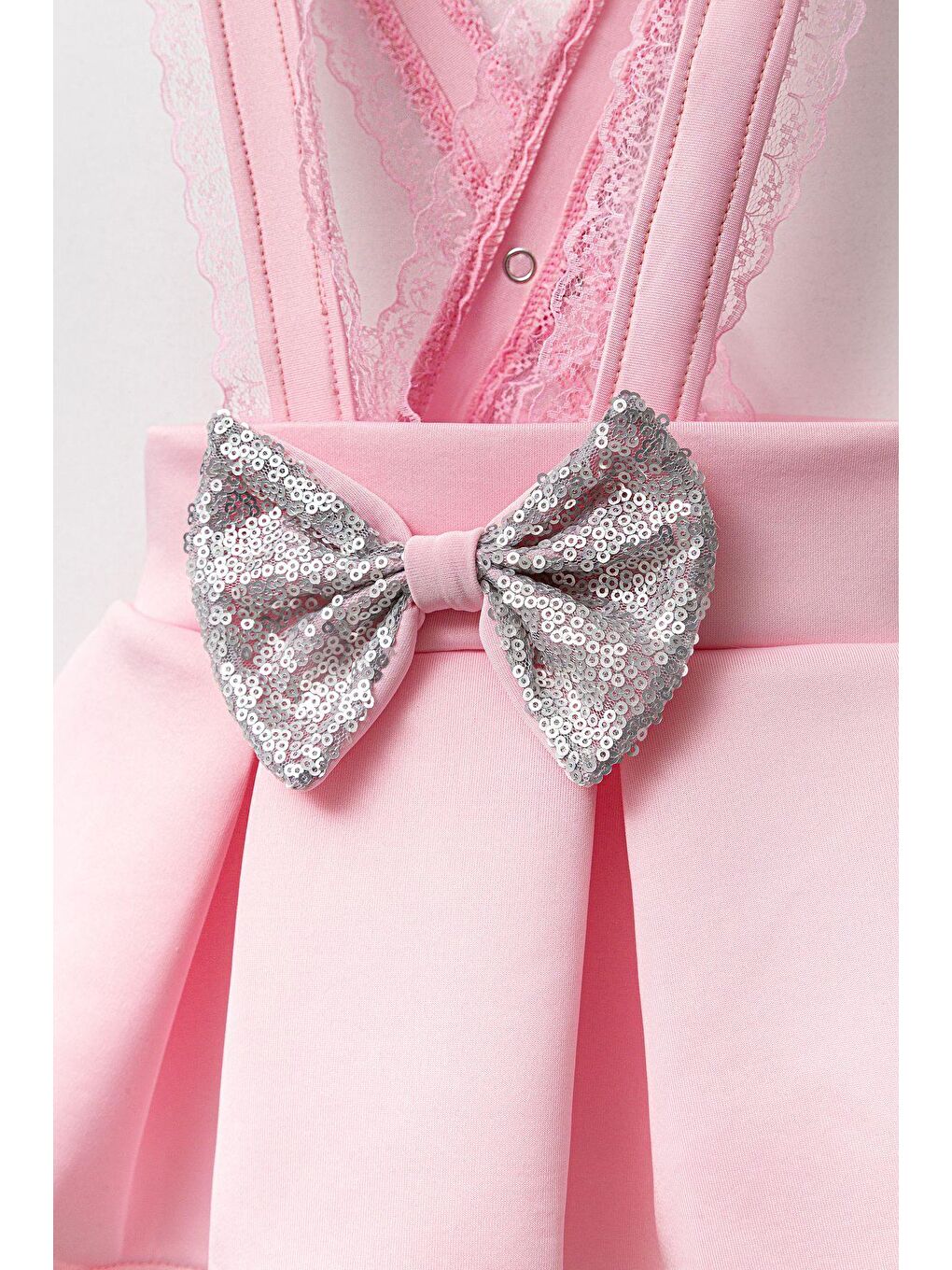 Pembe Kız Çocuk Dalgıç Kumaş Pullu Bandanalı Salopet Elbise-1