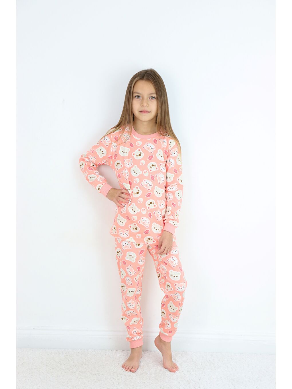 Pembe Kız Çocuk Orta Kalınlıkta Basic Baskılı Pijama Takımı