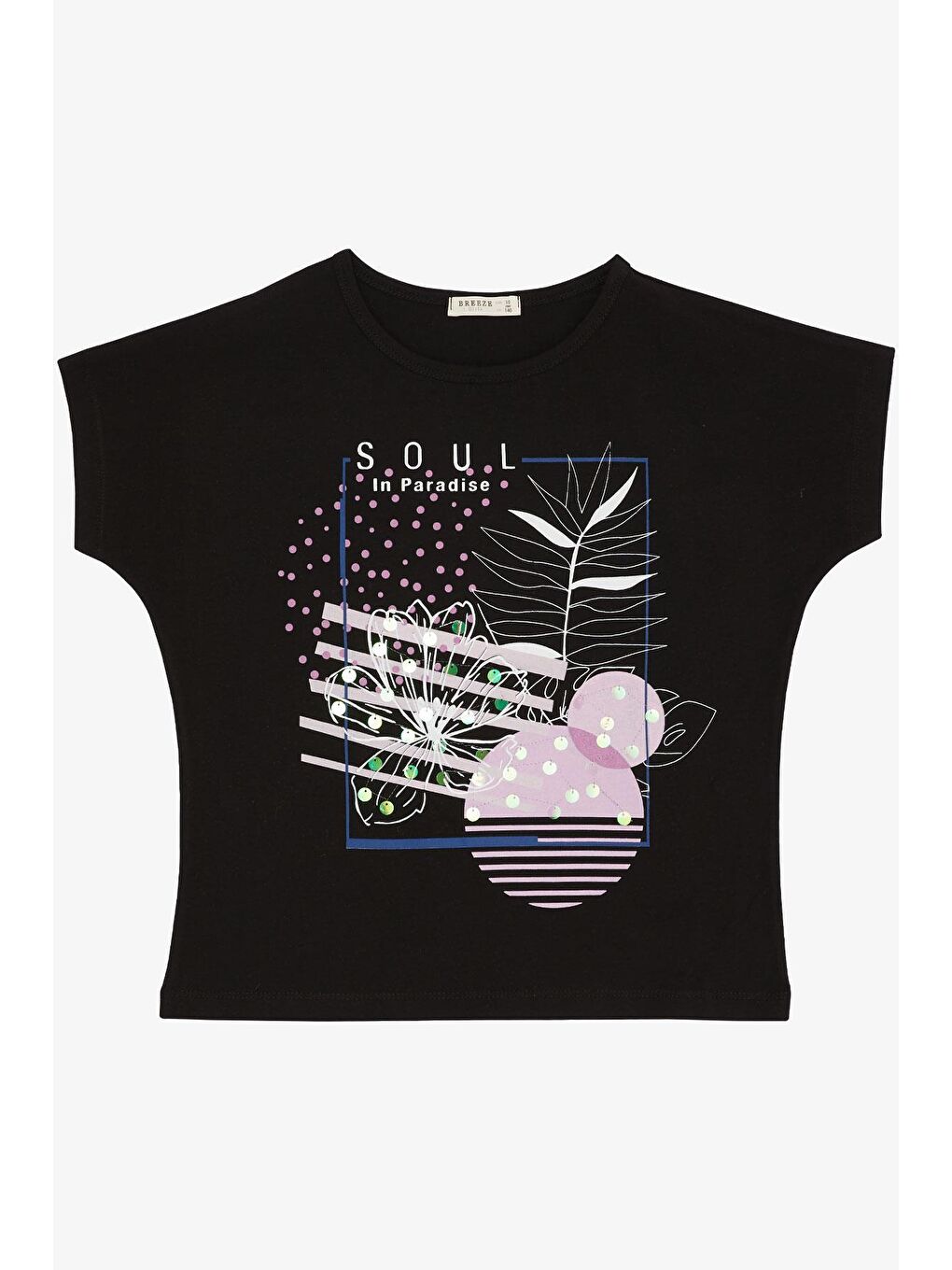 Kız Çocuk Tişört Çiçek Baskılı Pullu Siyah (10-16 Yaş)