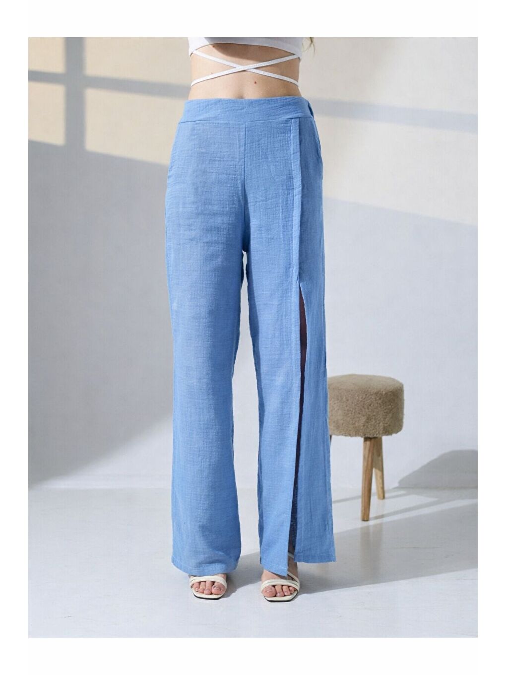 Yırtmaçlı Müslin Pantolon Mavi-2