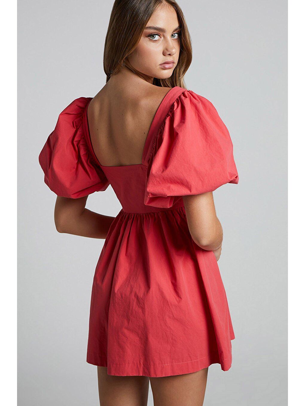 Kırmızı Kalp Yaka Balon Kol Kadın Elbise Mg1620-5