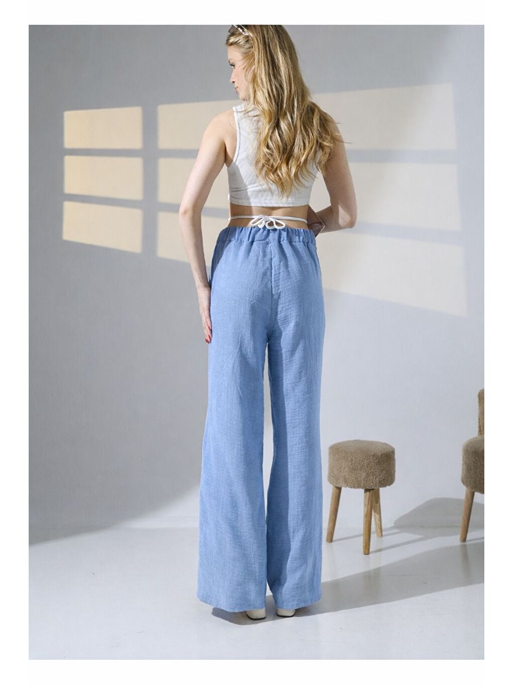 Yırtmaçlı Müslin Pantolon Mavi-3