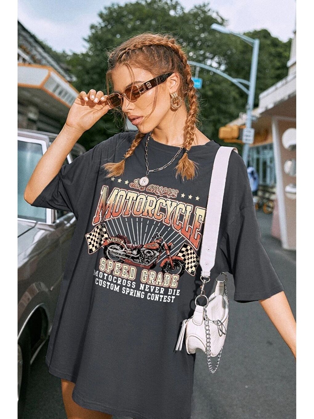 Gri Kadın Füme Motorcycle Baskılı Oversize Tişört