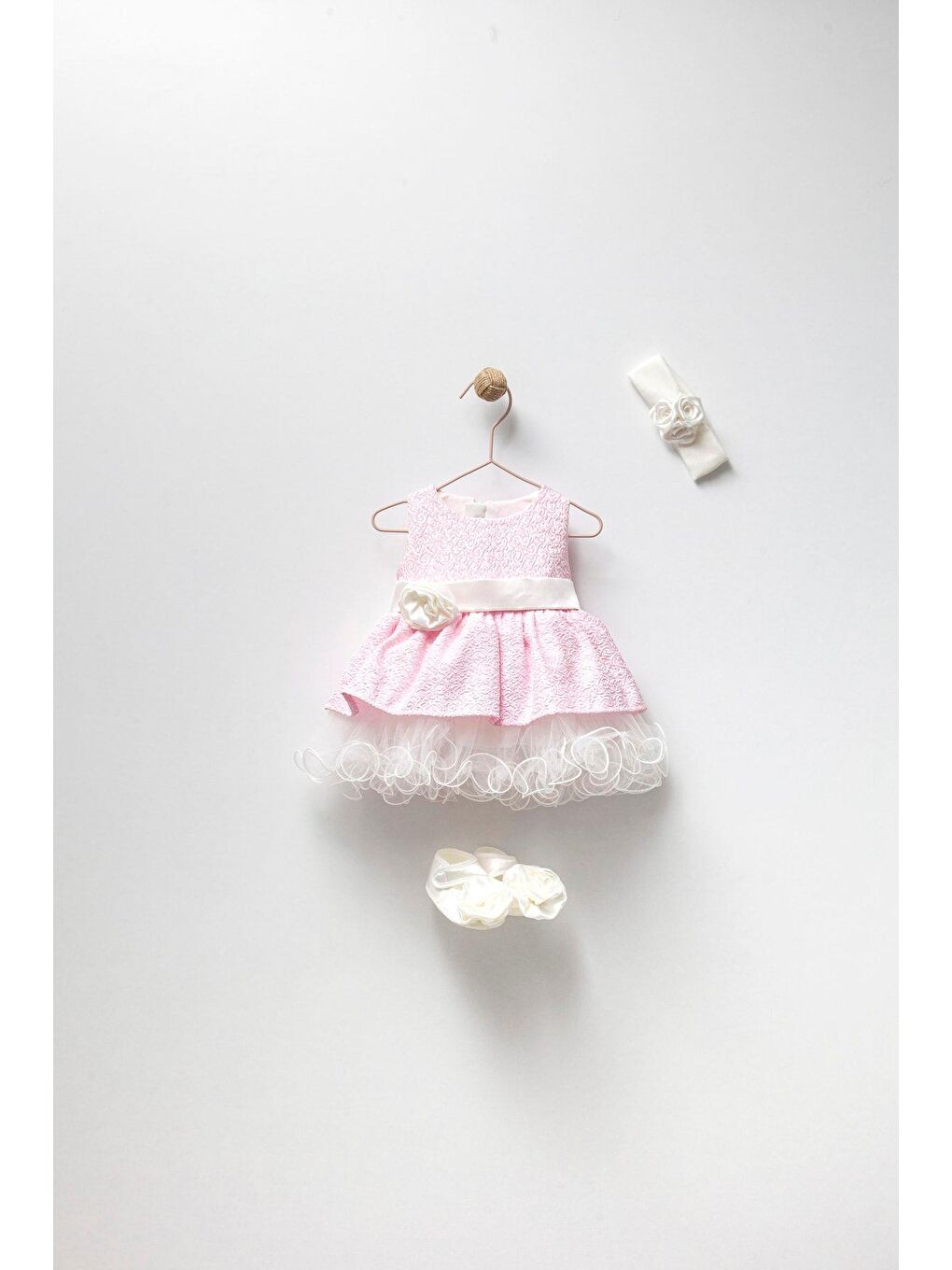 Pembe Kız Çocuk Astarlı Elbise Bandana Patik Set