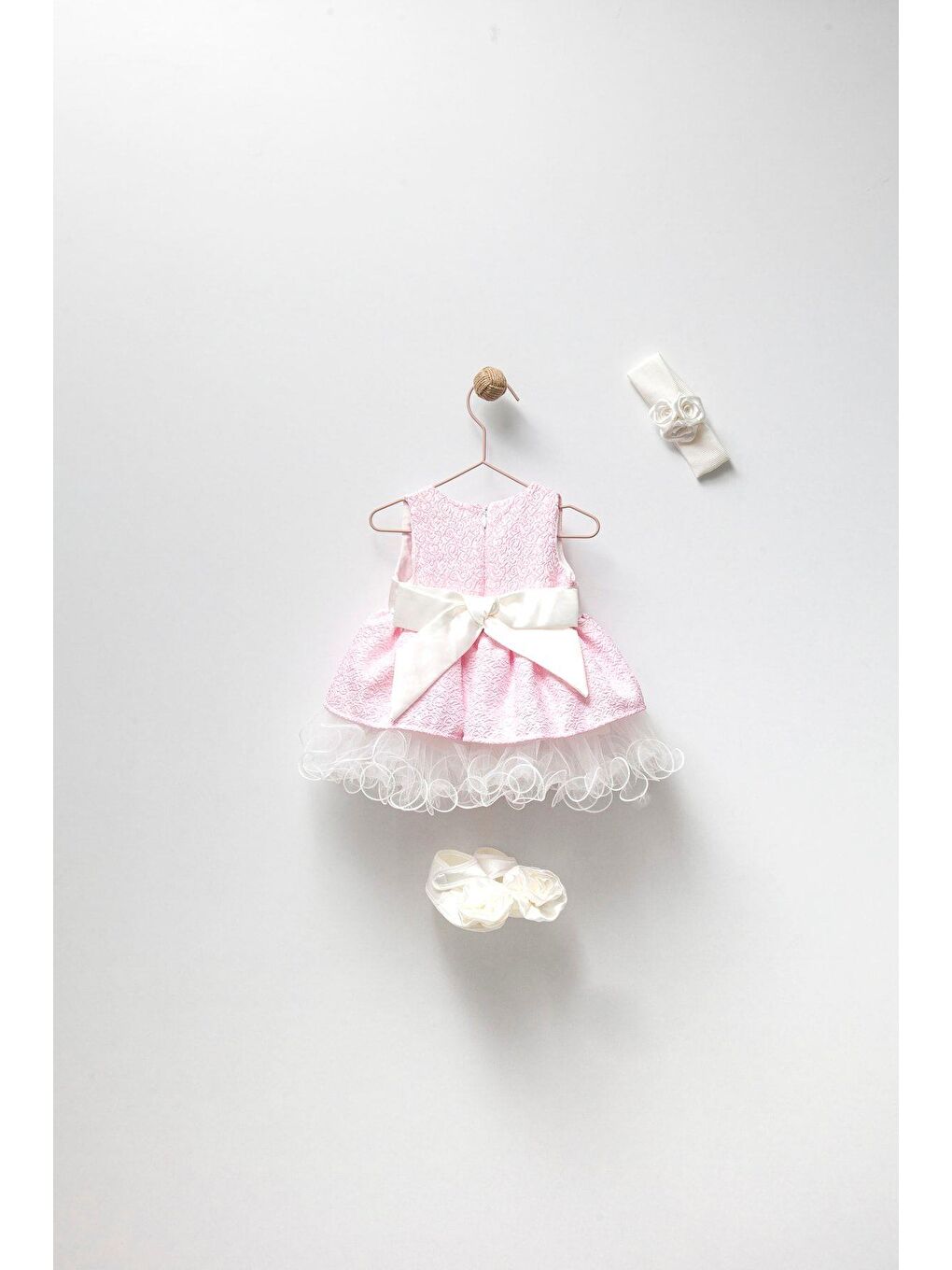 Pembe Kız Çocuk Astarlı Elbise Bandana Patik Set-1
