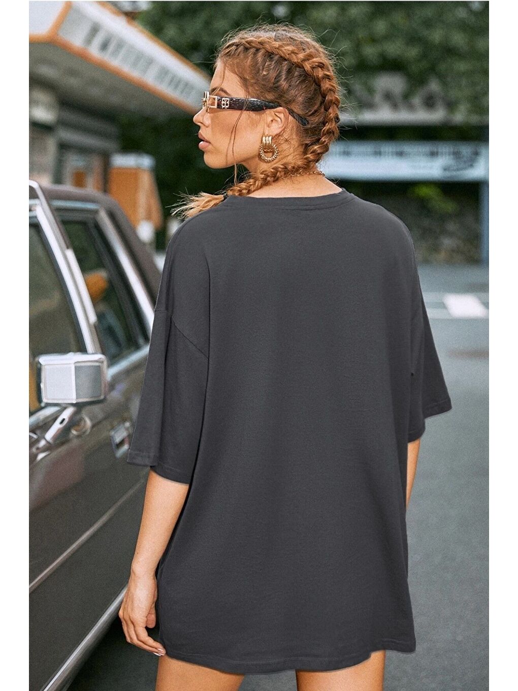 Gri Kadın Füme Motorcycle Baskılı Oversize Tişört-2