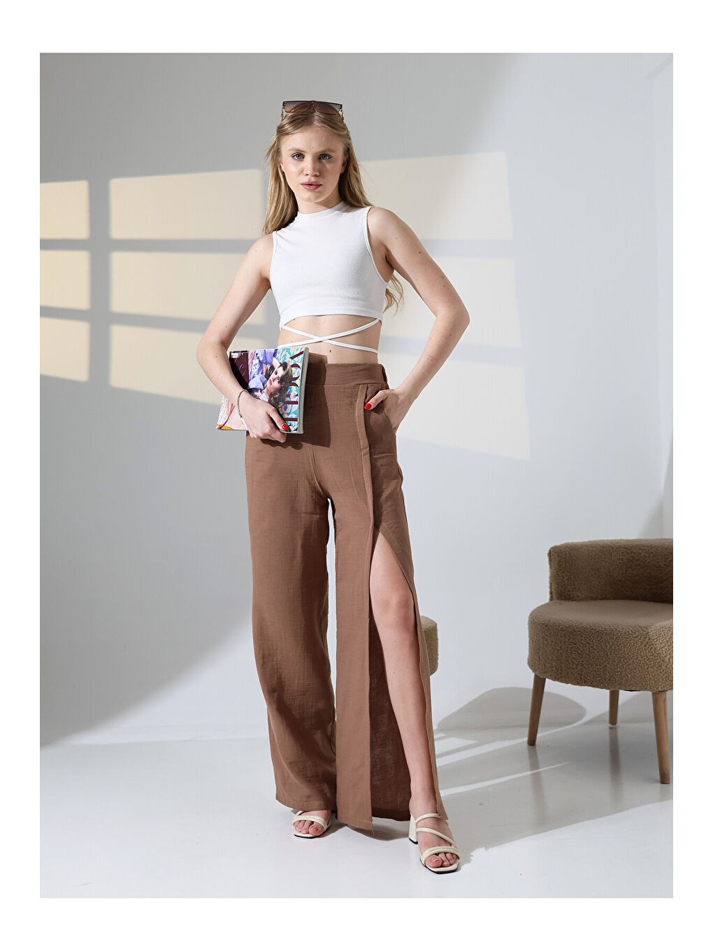 Kahverengi Yırtmaçlı Müslin Pantalon Kahve-1