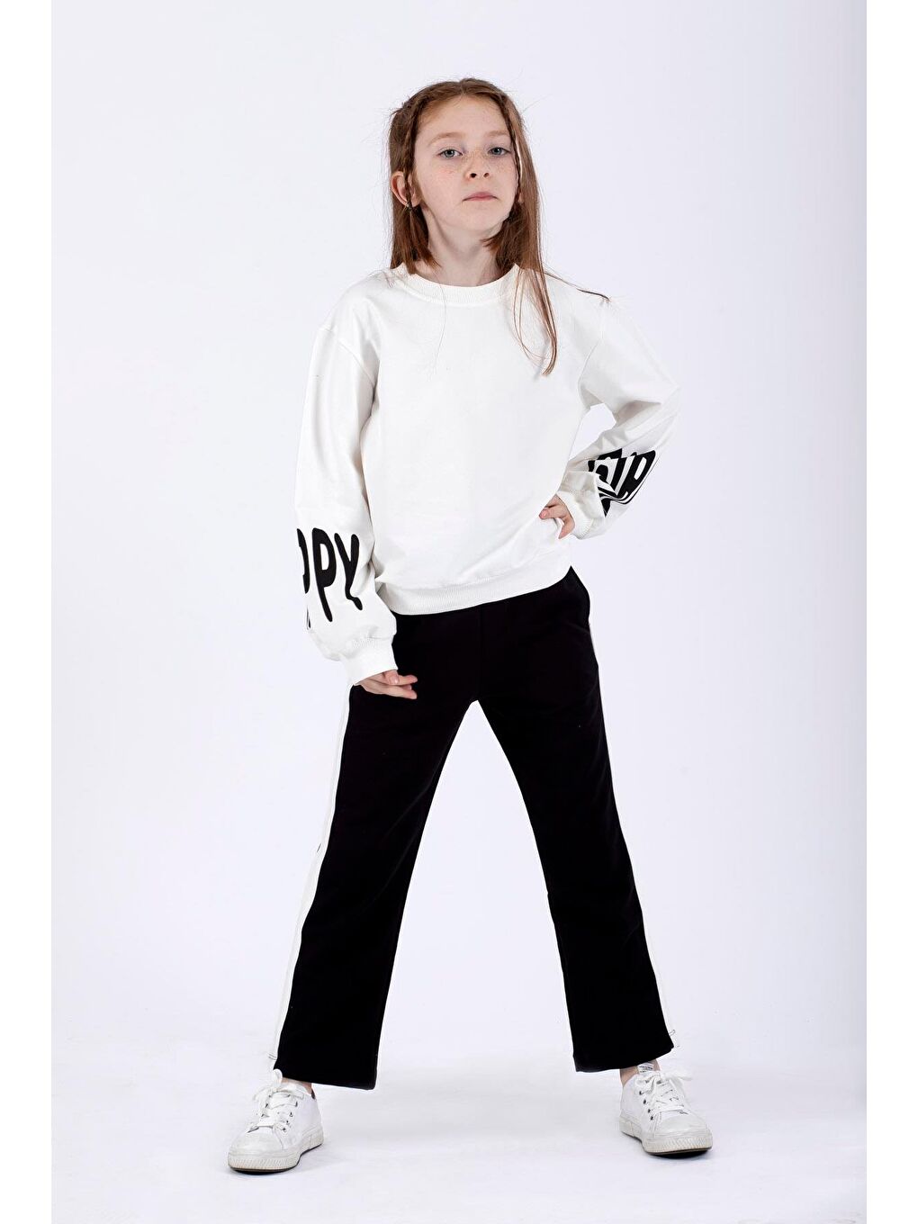 Bisiklet Yaka Uzun Kol Kolları Happy Girl Baskılı Ekru Renk Kız Çocuk İkili Takım