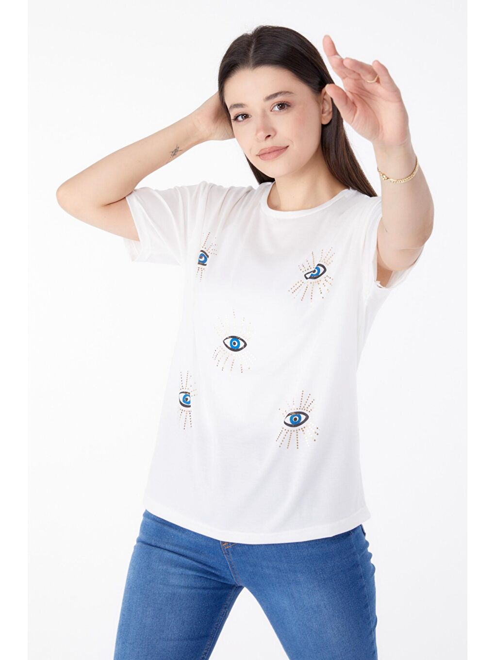 TOFİSA Düz Bisiklet Yaka Kadın Beyaz Baskılı T-shirt - 25461