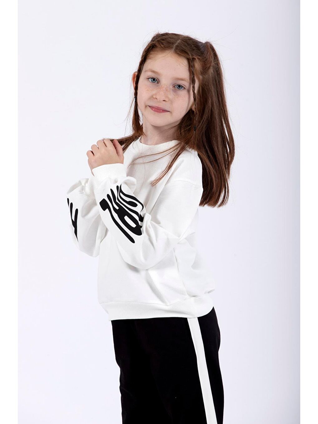 Bisiklet Yaka Uzun Kol Kolları Happy Girl Baskılı Ekru Renk Kız Çocuk İkili Takım-1