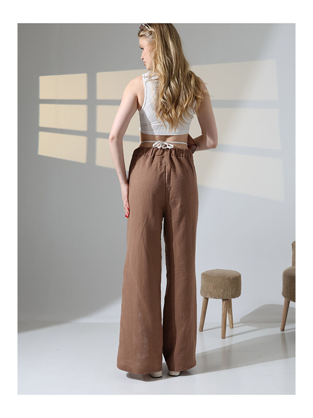 Kahverengi Yırtmaçlı Müslin Pantalon Kahve-2