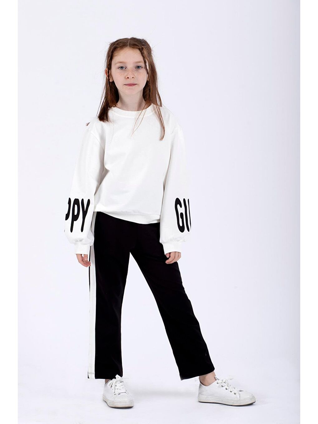 Bisiklet Yaka Uzun Kol Kolları Happy Girl Baskılı Ekru Renk Kız Çocuk İkili Takım-2