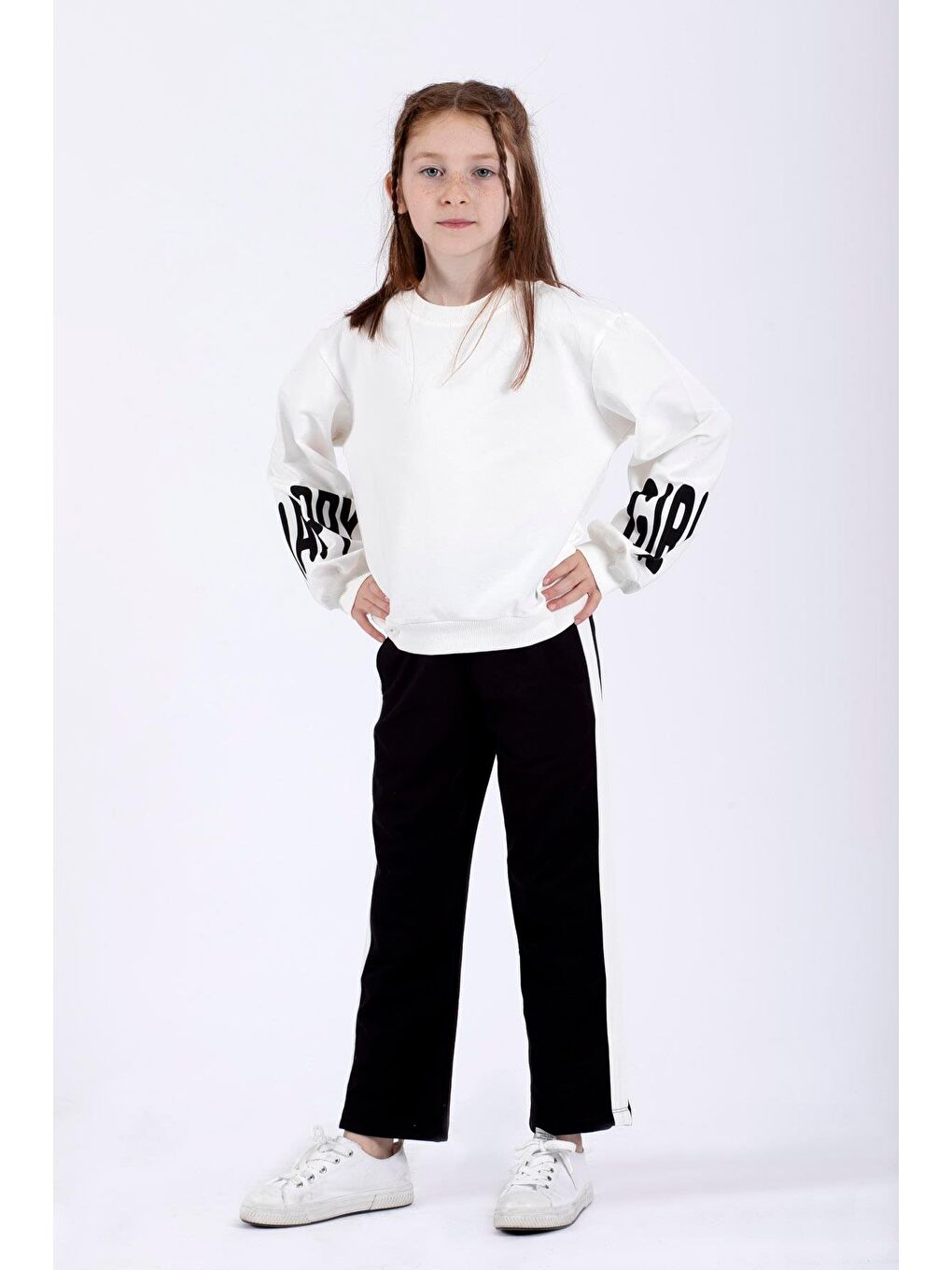 Bisiklet Yaka Uzun Kol Kolları Happy Girl Baskılı Ekru Renk Kız Çocuk İkili Takım-3