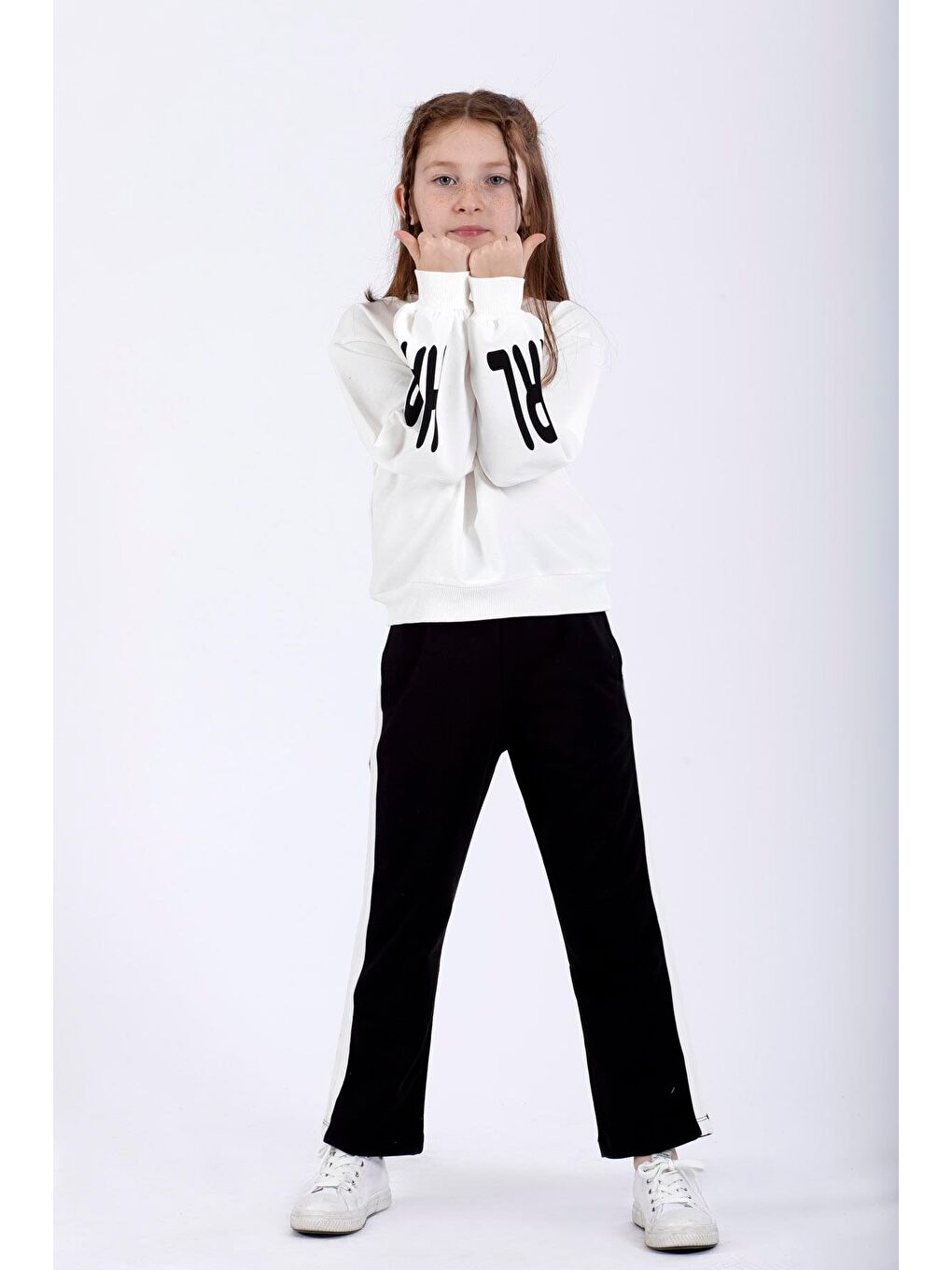 Bisiklet Yaka Uzun Kol Kolları Happy Girl Baskılı Ekru Renk Kız Çocuk İkili Takım-5