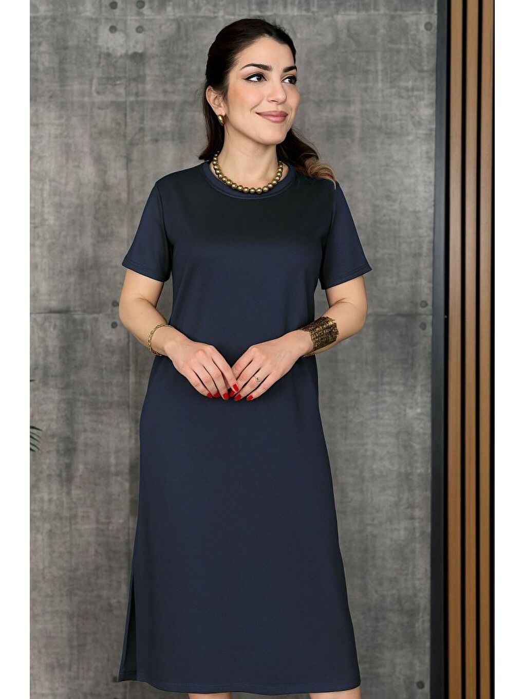 Lacivert Kadın Kısa Kollu Bisiklet Yaka Yırtmaçlı Viskon Iki Iplik Elbise-2