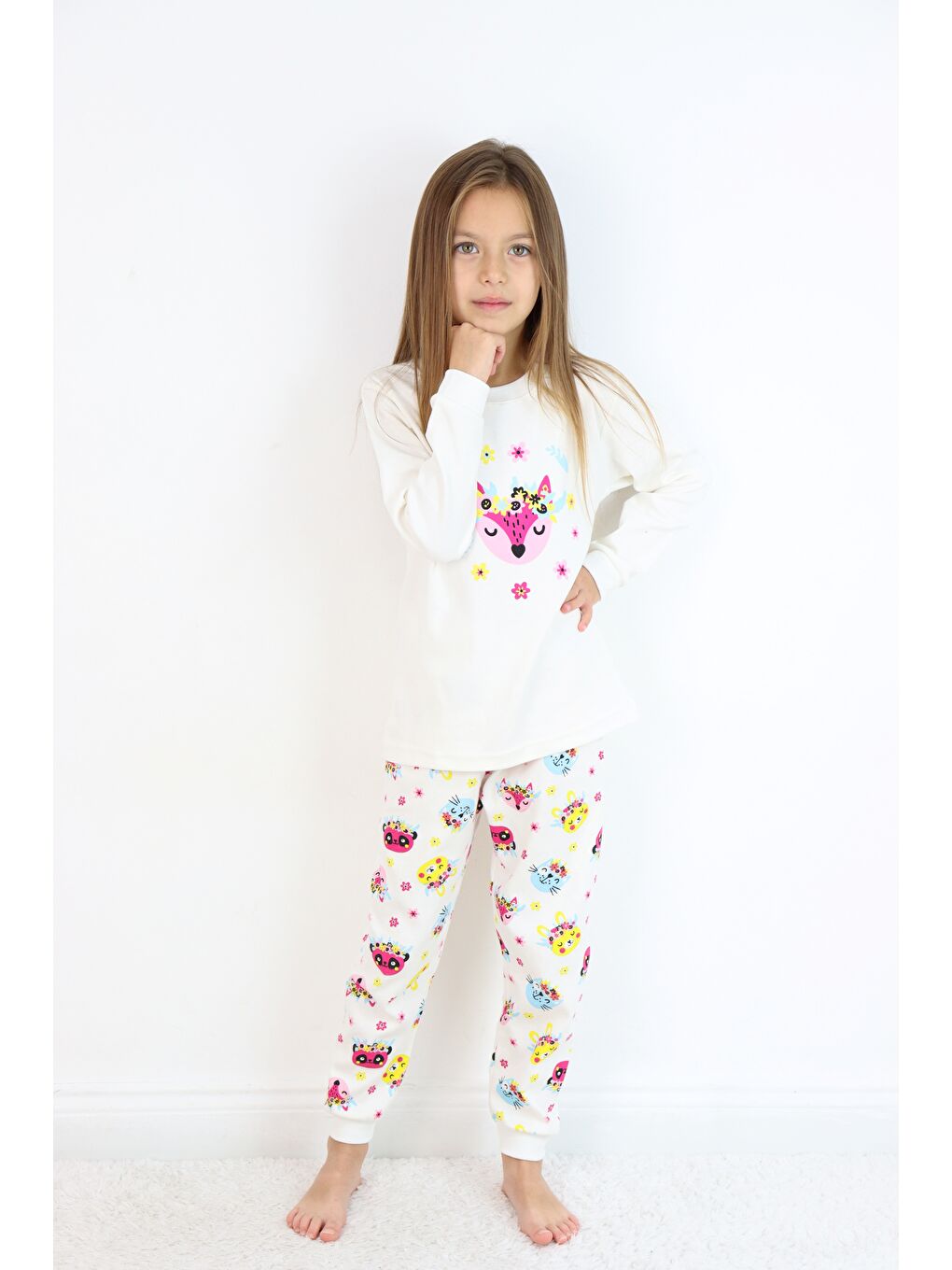 Ekru Kız Çocuk Orta Kalınlıkta Basic Baskılı Pijama Takımı-2