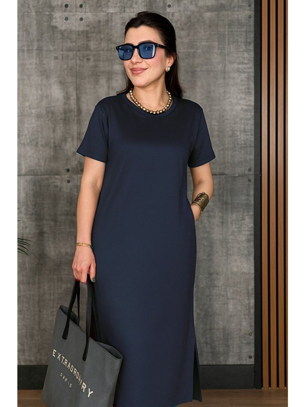 Lacivert Kadın Kısa Kollu Bisiklet Yaka Yırtmaçlı Viskon Iki Iplik Elbise-3