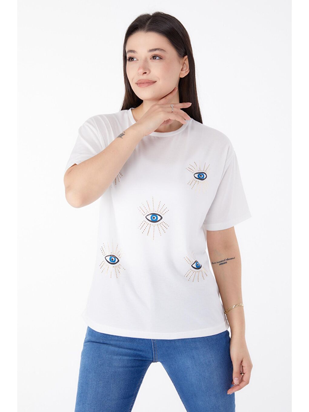 TOFİSA Düz Bisiklet Yaka Kadın Beyaz Baskılı T-shirt - 25461 - 2