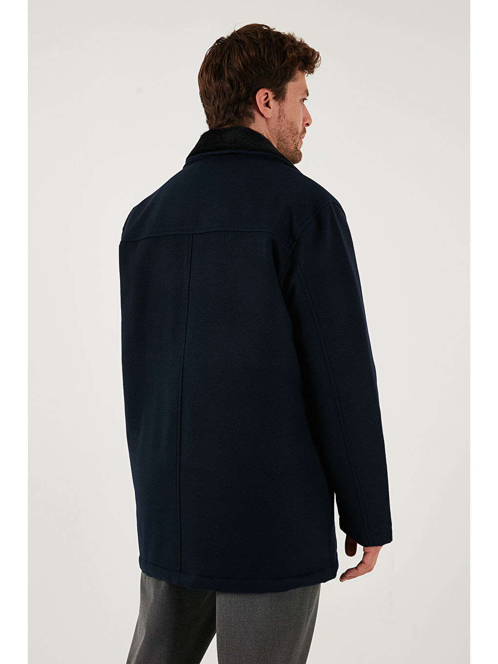 Lacivert Slim Fit Çıkarılabilir Tüylü Yaka Detaylı Astarlı Kaşe Kaban 58400217-6