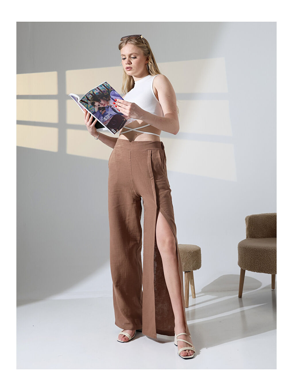 Kahverengi Yırtmaçlı Müslin Pantalon Kahve-4