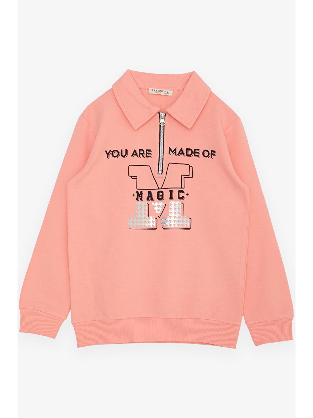 Pembe Kız Çocuk Sweatshirt Magıc Yazı Baskılı Yarım Fermuarlı Polo Yaka Somon (8-10 Yaş)