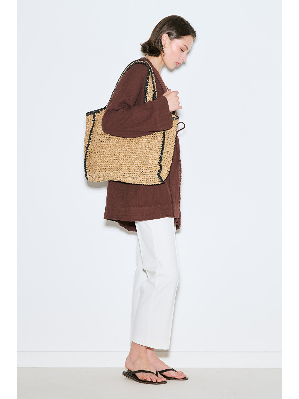 Bej Kontrast Detaylı Hasır Çanta Natural-1