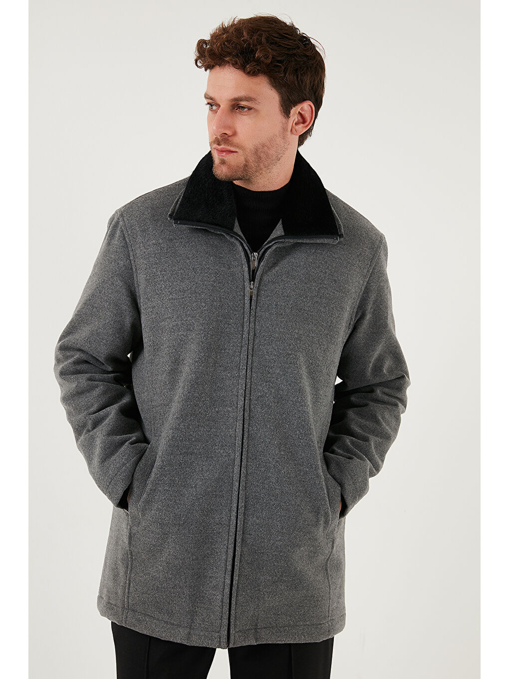 Gri Slim Fit Çıkarılabilir Tüylü Yaka Detaylı Astarlı Kaşe Kaban 58400217-2