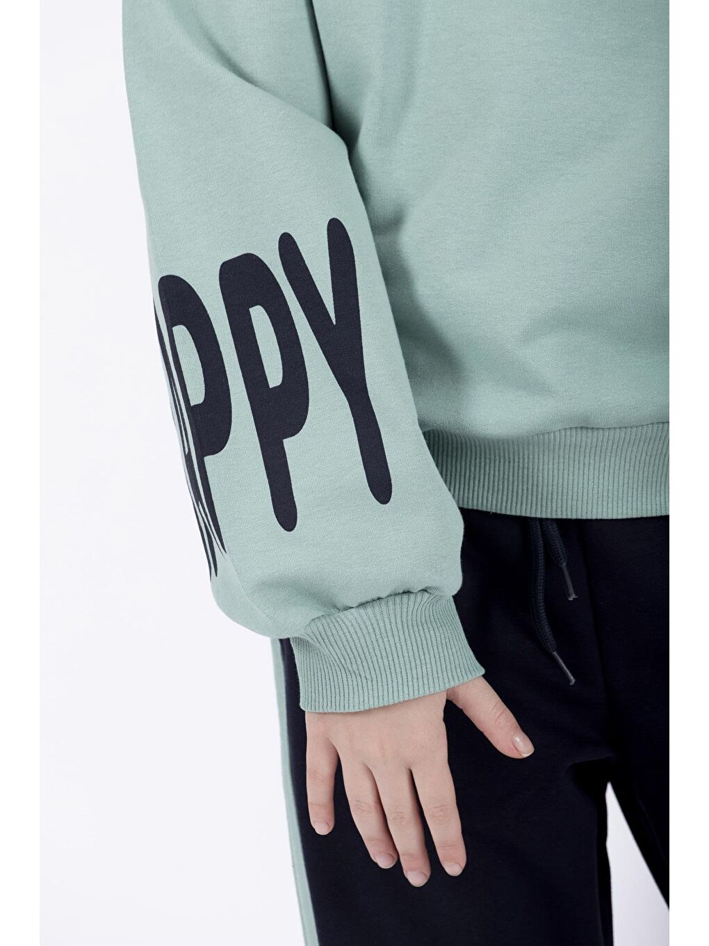 Yeşil Bisiklet Yaka Uzun Kol Kolları Happy Girl Baskılı Mint Renk Kız Çocuk İkili Takım-3