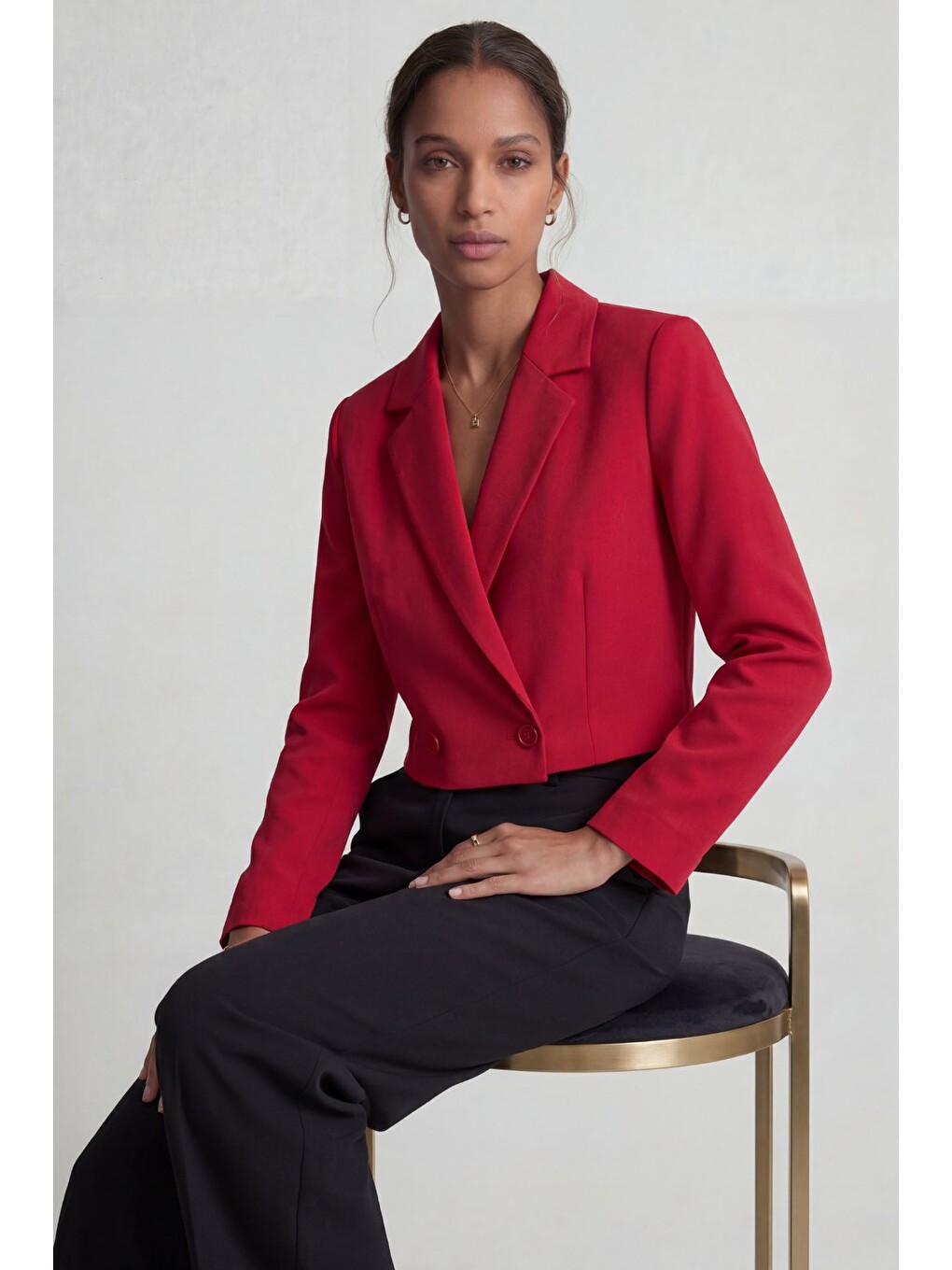 Kırmızı Kadın Regular Fit Çift Düğme Detaylı Crop Blazer Ceket – Modern Tasarım