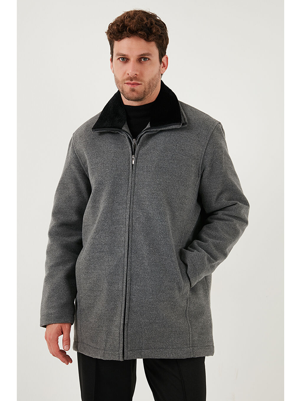 Gri Slim Fit Çıkarılabilir Tüylü Yaka Detaylı Astarlı Kaşe Kaban 58400217-3