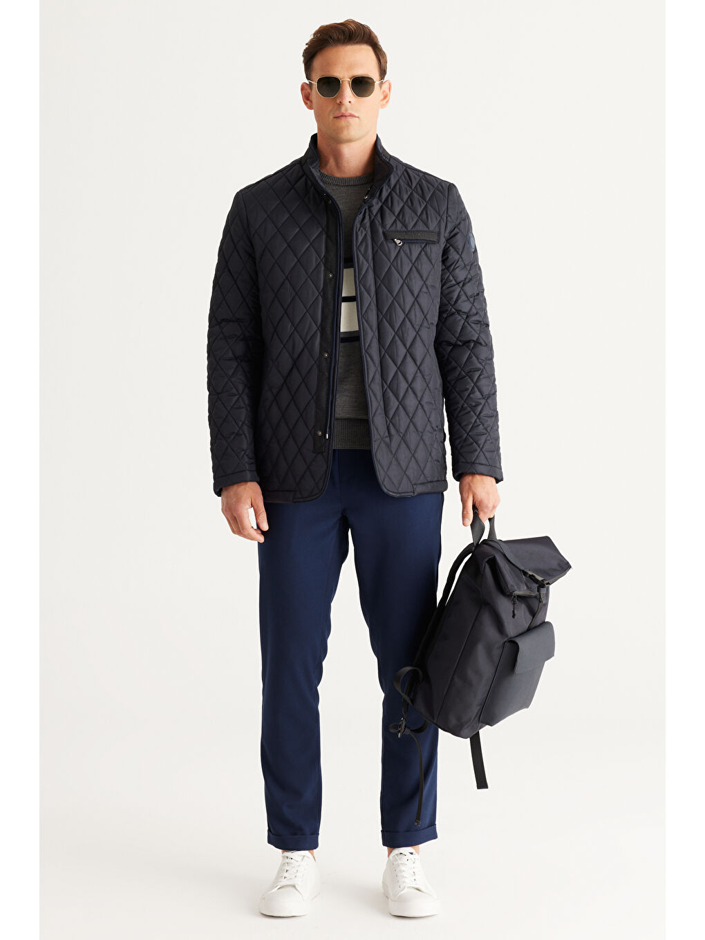 Erkek Gri-Lacivert Standart Fit Normal Kesim Bisiklet Yaka Çizgili Triko Kazak-4