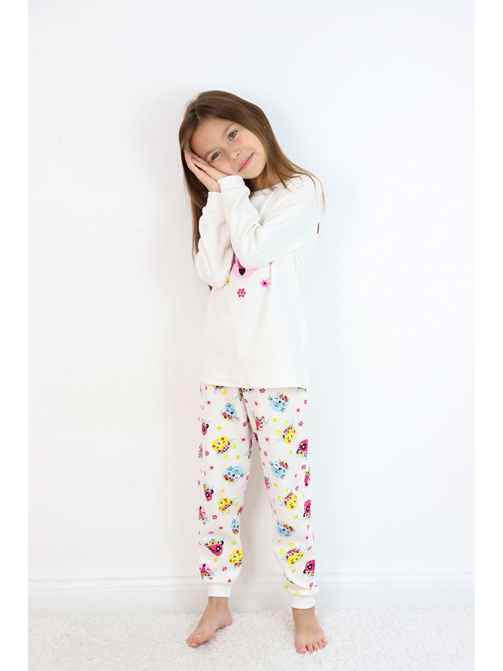 Ekru Kız Çocuk Orta Kalınlıkta Basic Baskılı Pijama Takımı-5