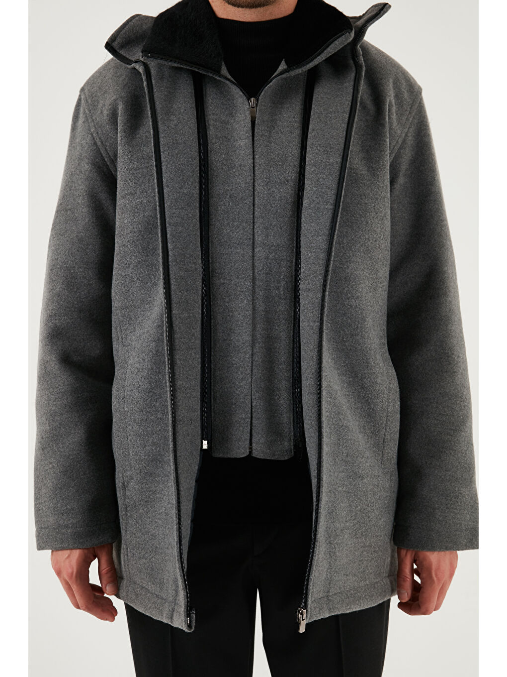 Gri Slim Fit Çıkarılabilir Tüylü Yaka Detaylı Astarlı Kaşe Kaban 58400217-4