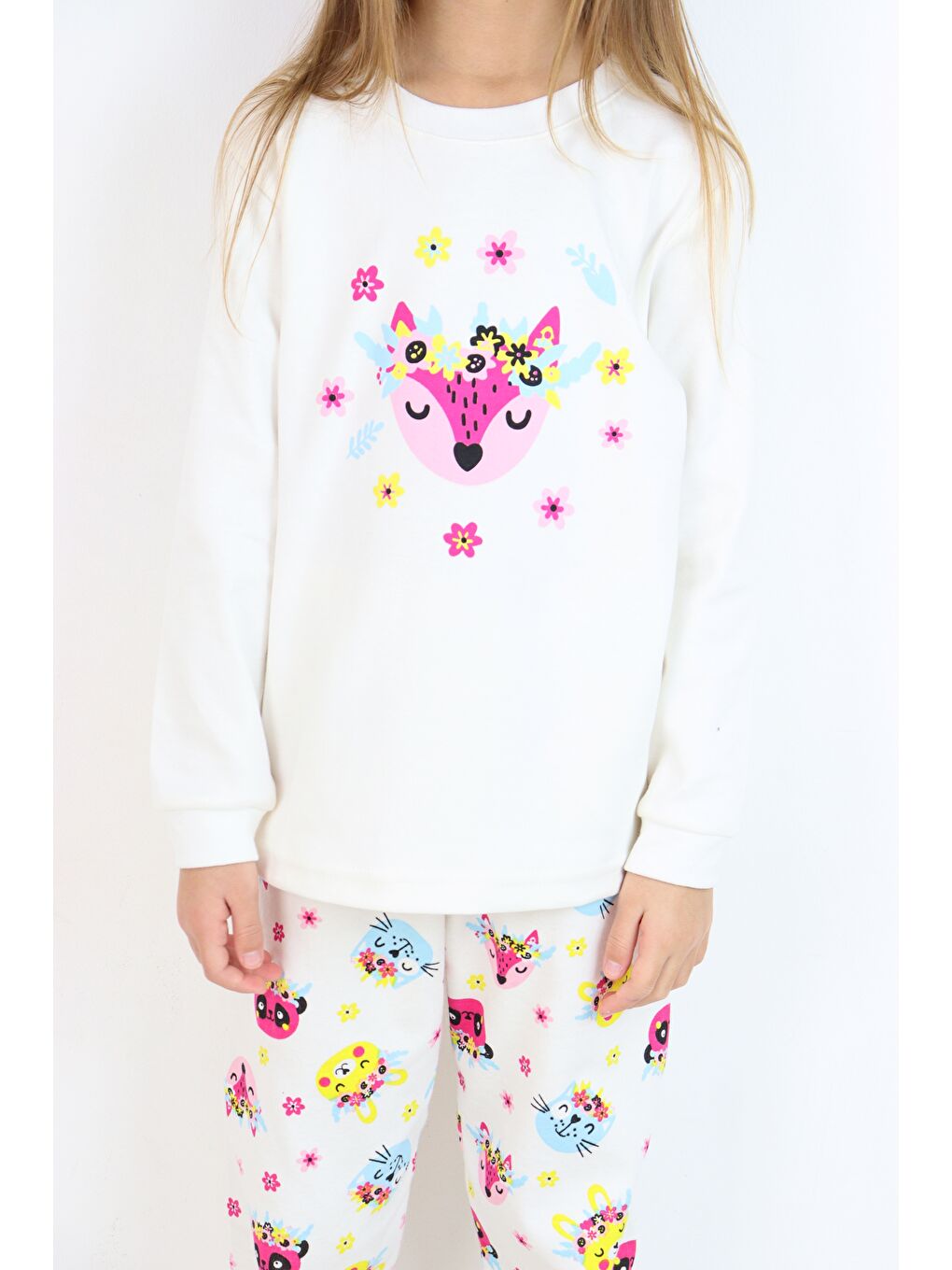 Ekru Kız Çocuk Orta Kalınlıkta Basic Baskılı Pijama Takımı-6