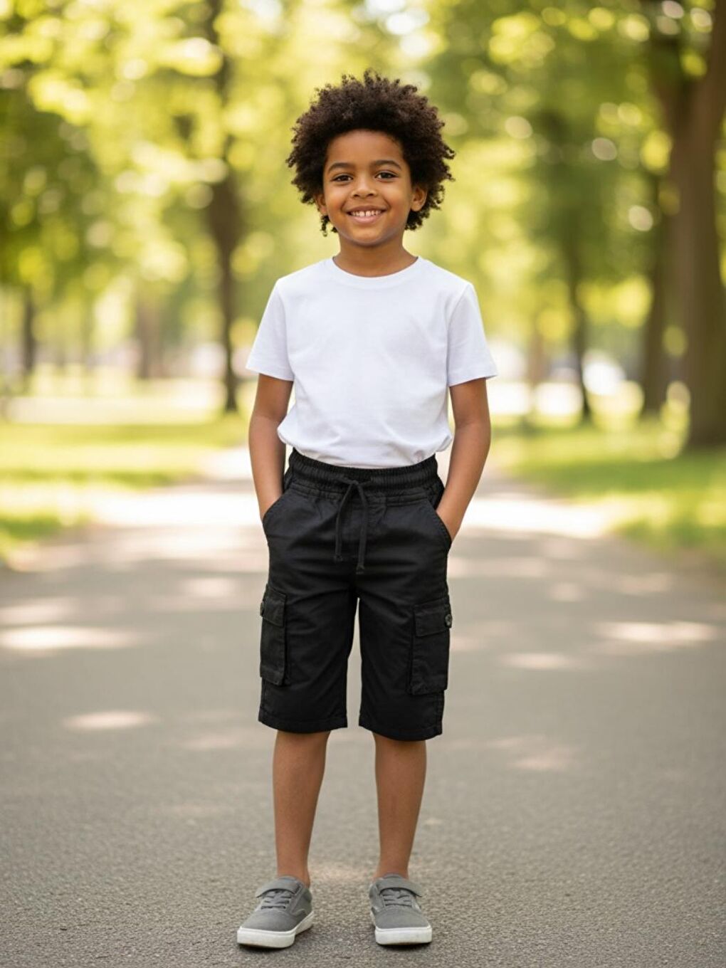 Siyah Erkek Çocuk Bel Lastikli Yan Cepli 3-14 Yaş Kapri Şort