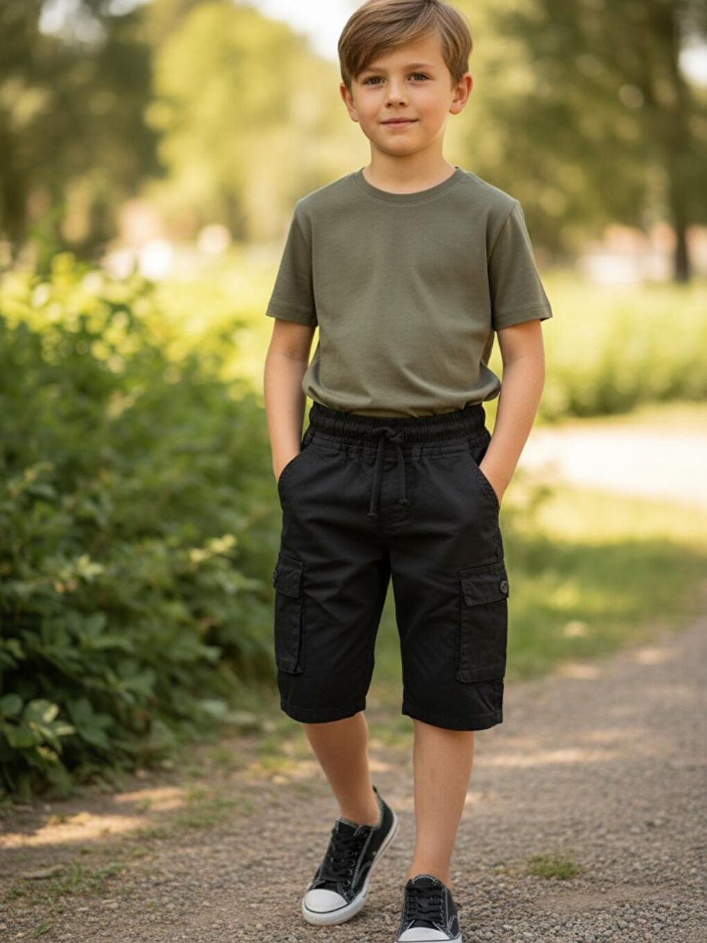 Siyah Erkek Çocuk Bel Lastikli Yan Cepli 3-14 Yaş Kapri Şort-2