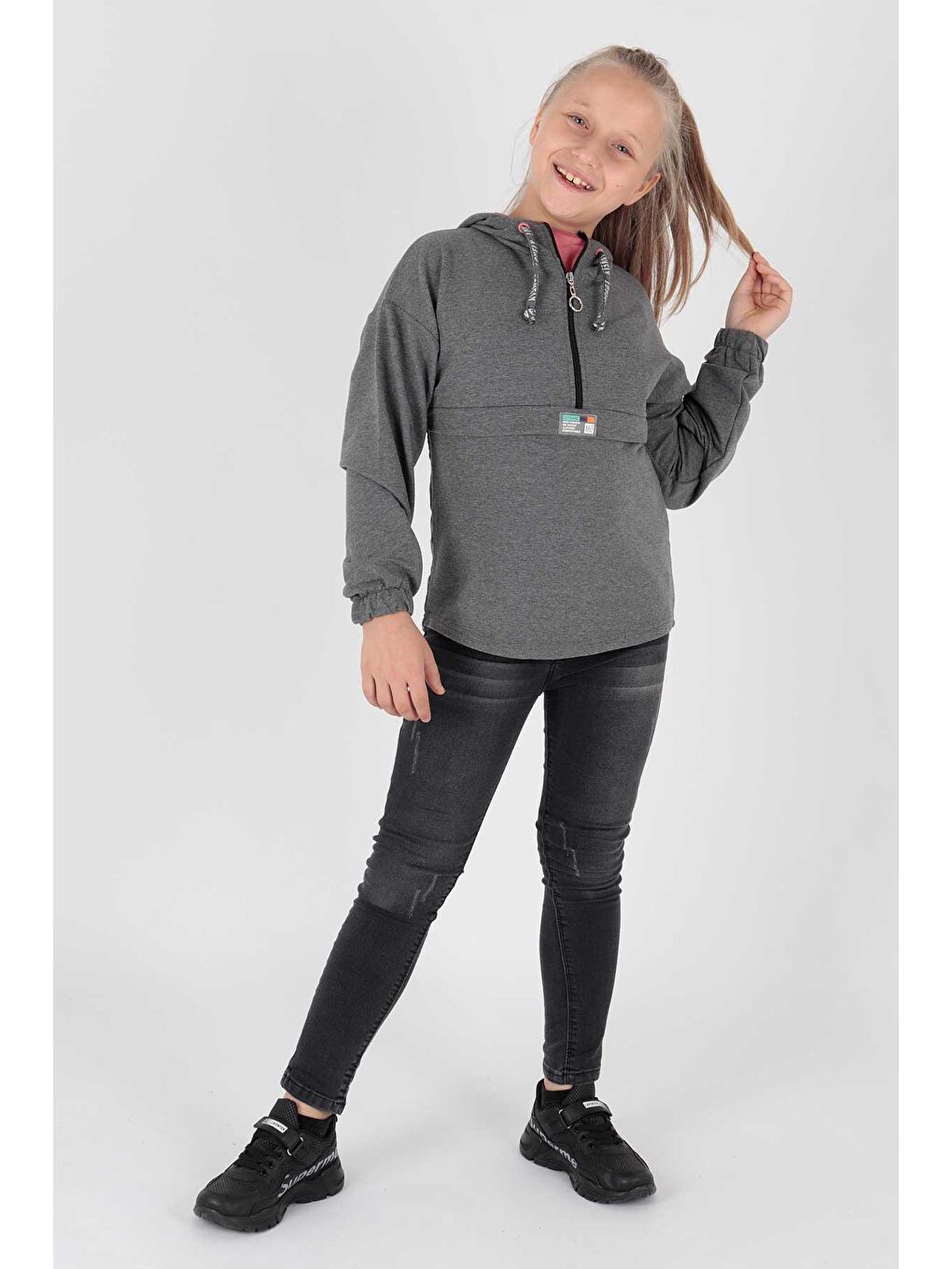 Antrasit Kids Kız Kapşonlu Sweat Uzun Kollu Fermuarlı Hoodie Pamuklu Ak15260-1
