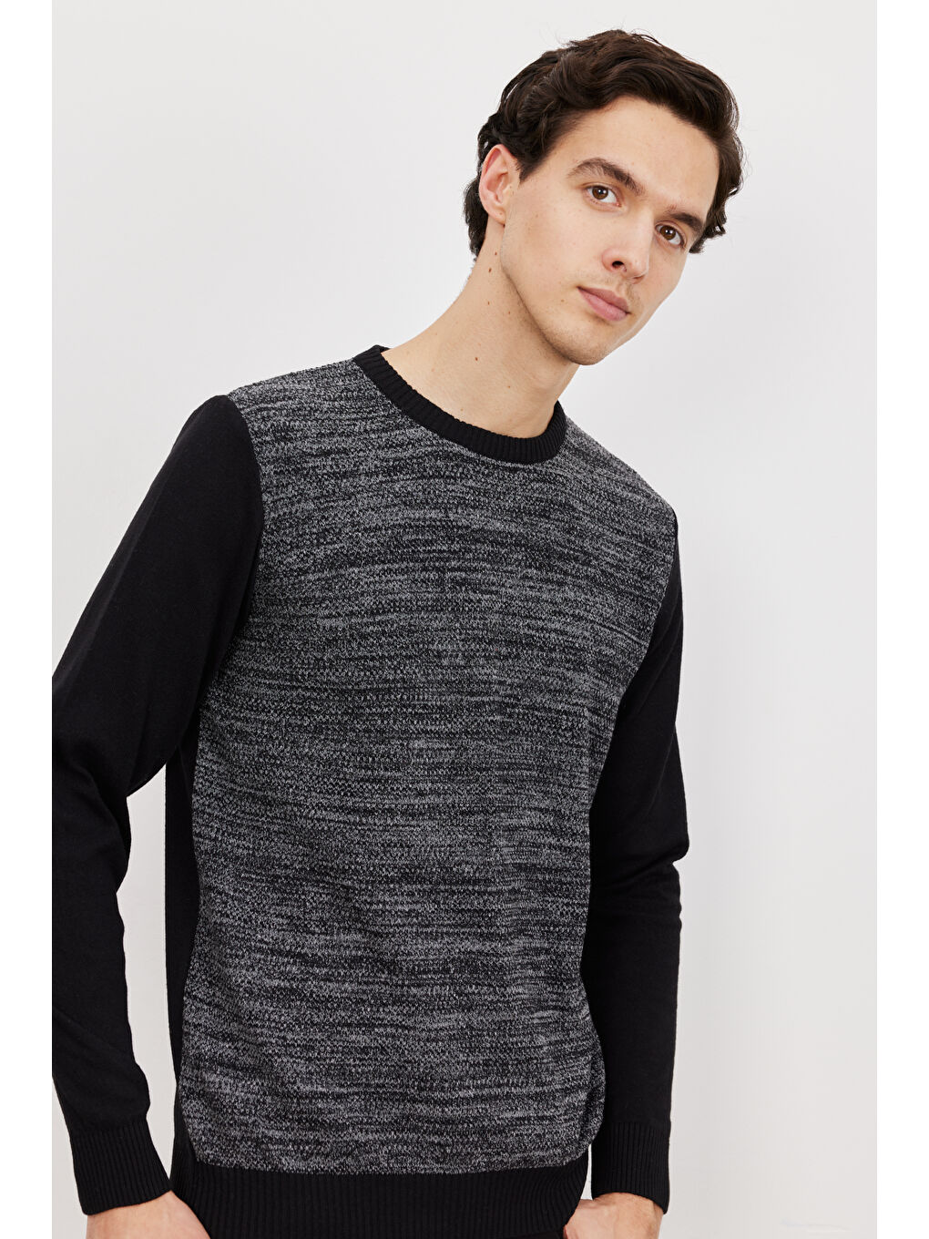 Erkek Siyah-Gri Recycle Standart Fit Normal Kesim Bisiklet Yaka Desenli Triko-2