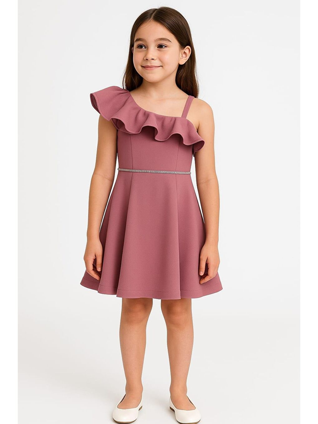 Karışık Kız Çocuk Tek Omuz Fırfırlı Abiye Elbise