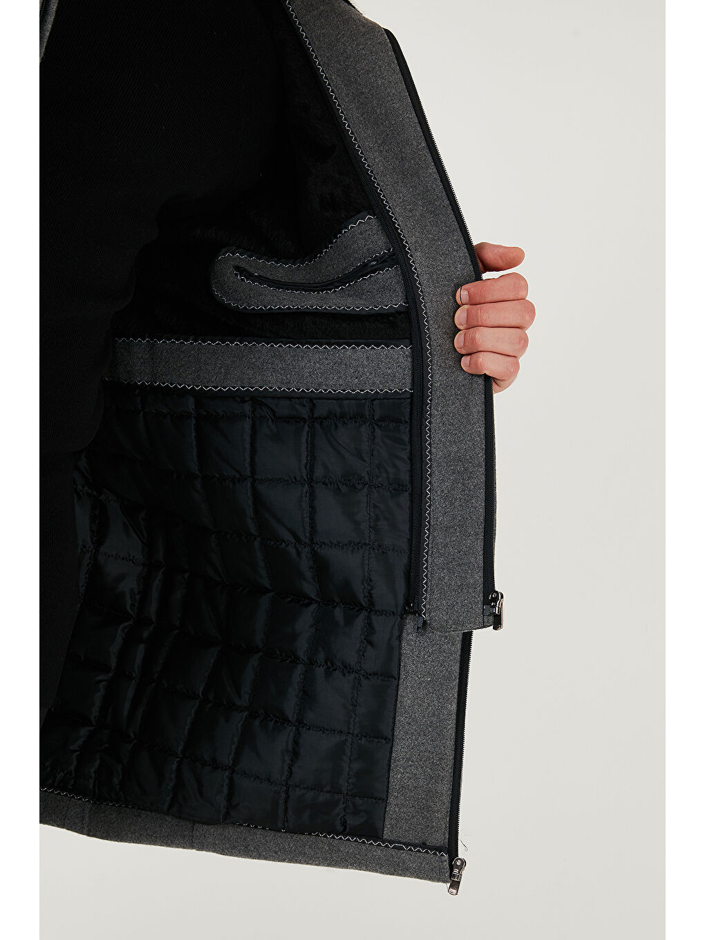 Gri Slim Fit Çıkarılabilir Tüylü Yaka Detaylı Astarlı Kaşe Kaban 58400217-5