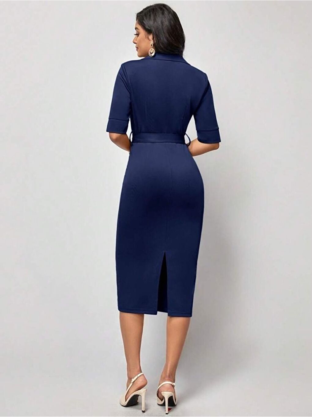 Lacivert Kadın Kısa Kollu Yakalı Kruvaze Yakalı Beli Kemerli Midi Modal Elbise-3