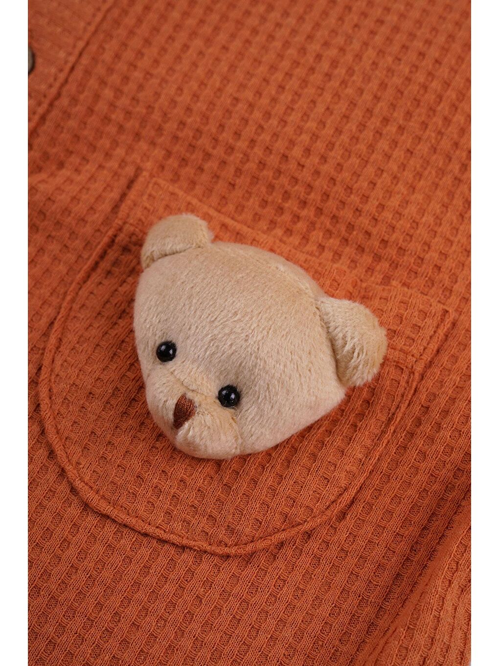 Kahverengi Bisiklet Yaka Kısa Kol Yakası Düğmeli Ayıcık Detaylı Kiremit Renk Erkek Çocuk Şortlu Takım-2