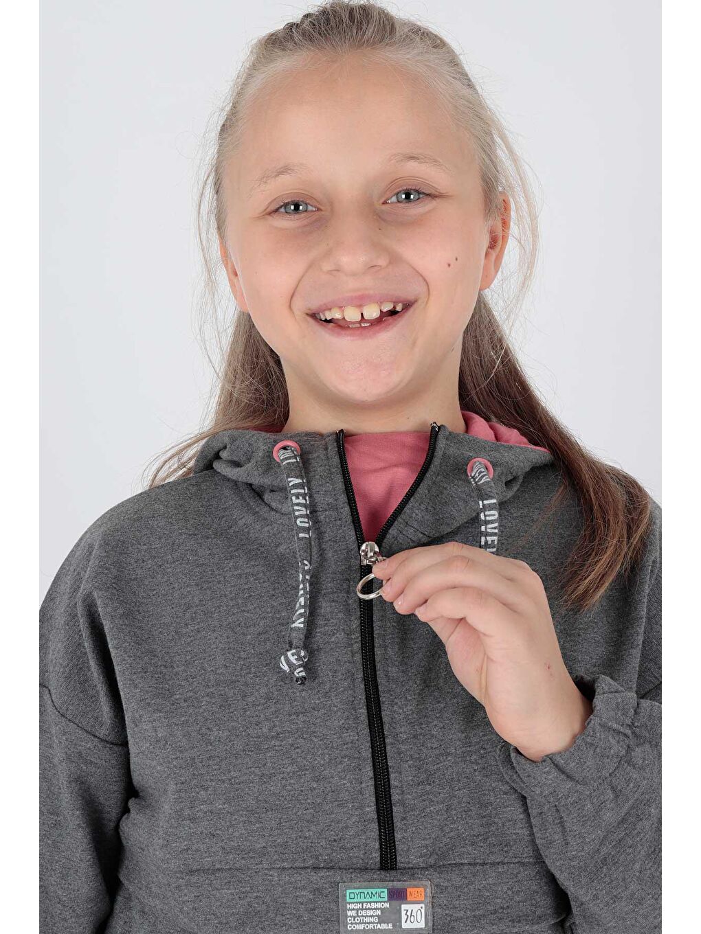 Antrasit Kids Kız Kapşonlu Sweat Uzun Kollu Fermuarlı Hoodie Pamuklu Ak15260-2