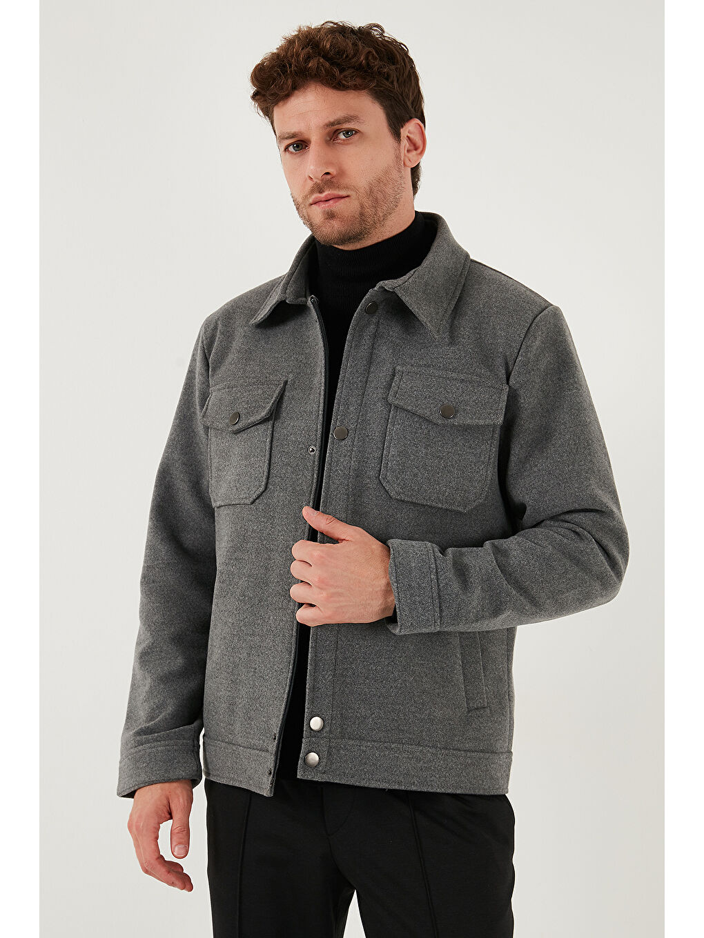 Gri Slim Fit Ceket Yaka Astarlı Kaşe Kaban 58400347